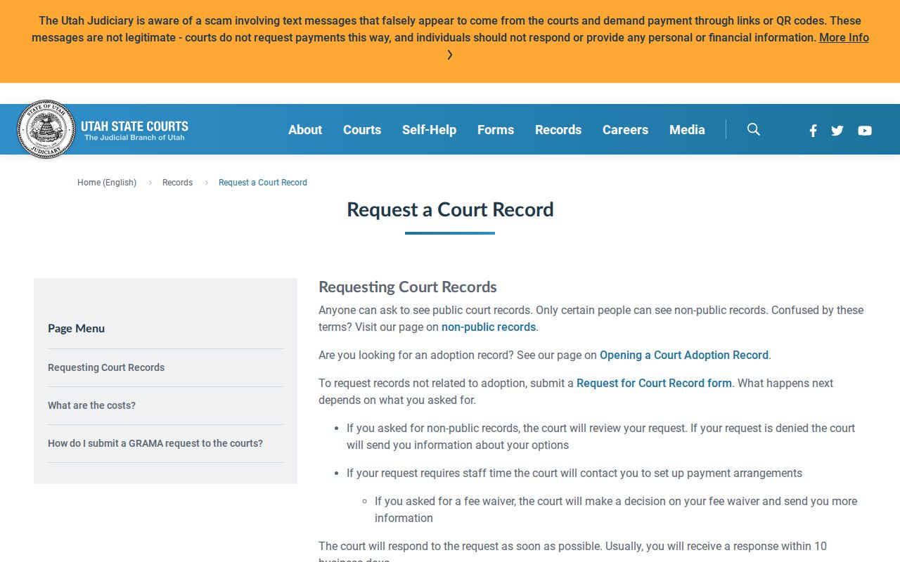 Piute County warrant records, Utah court record request form instructions