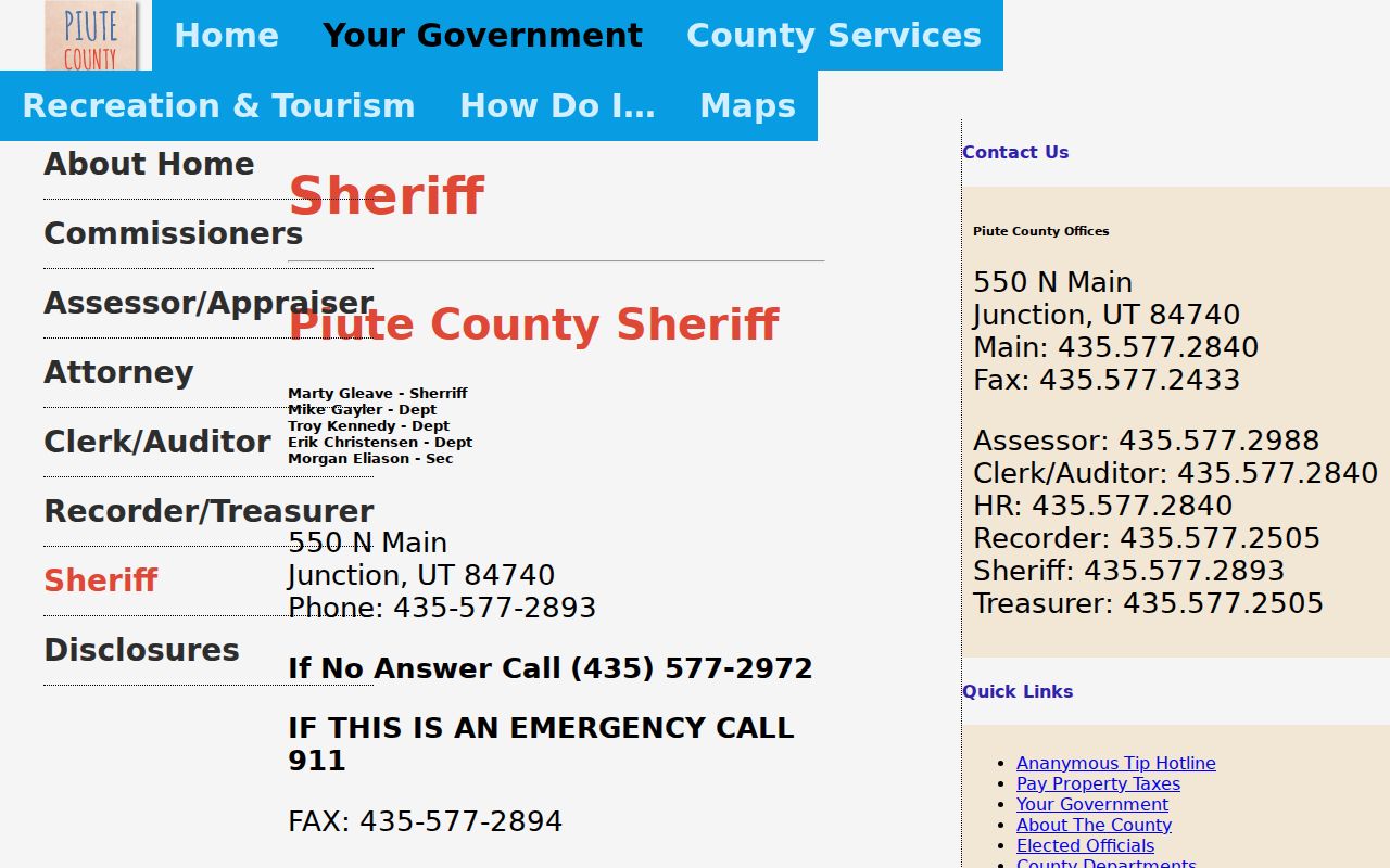 Piute County warrant records, official sheriff contact page