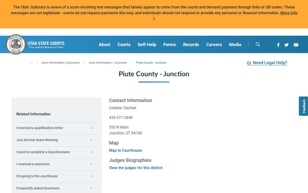 Piute County traffic warrant records, Junction court contact and search route