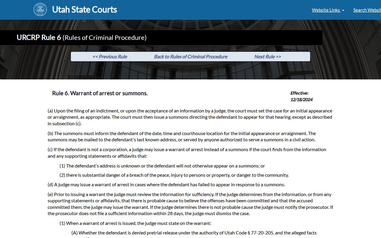 Piute County arrest warrant process, Utah Rule 6 warrant and summons text