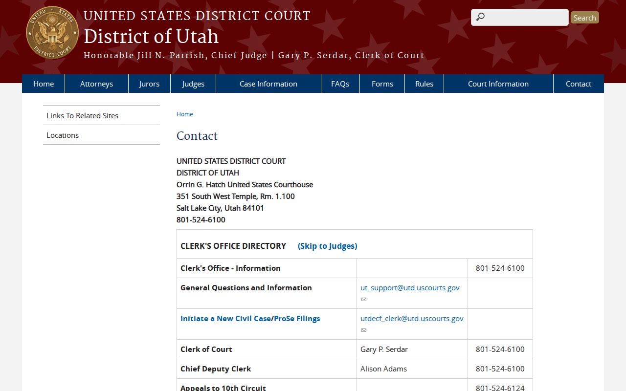 Piute County arrest warrant records, District of Utah federal court contact page