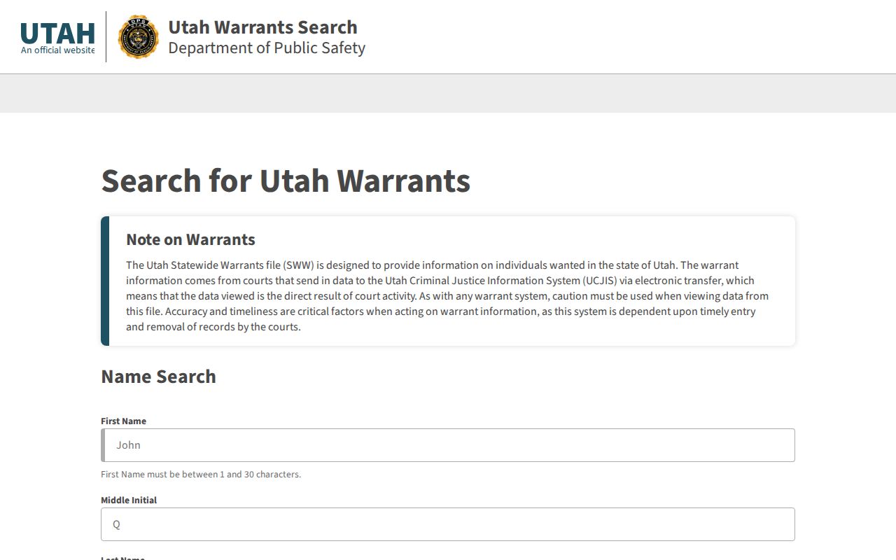 Piute County warrant records, Utah statewide public warrant search entry