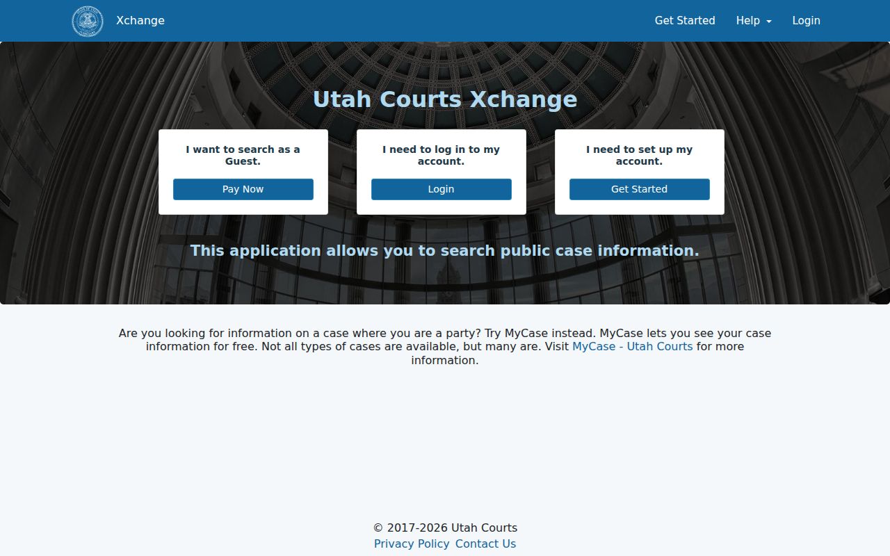 Piute County warrant search, Xchange guest and account entry screen