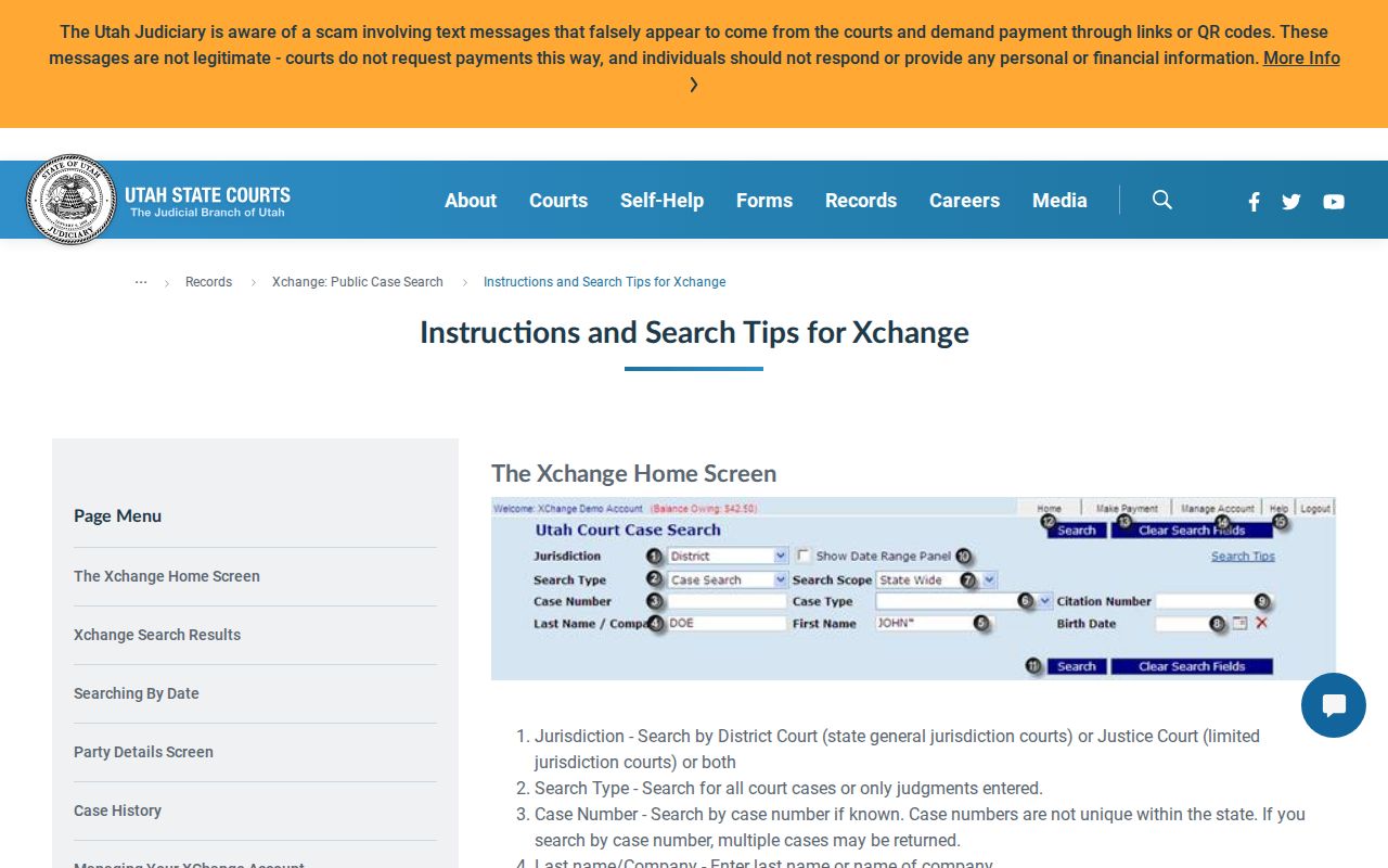 Piute County warrant search fields in Utah Courts Xchange instructions